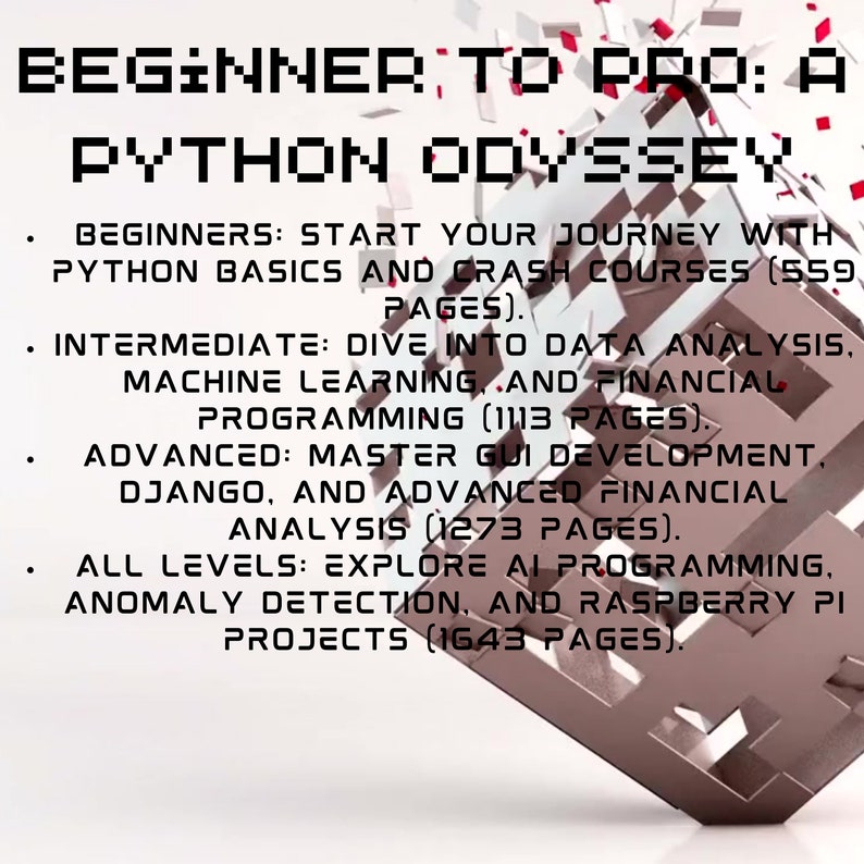 Pode incluir: Um gr&aacute;fico com o texto "BEGINNER TO PRO: A PYTHON ODYSSEY" em um esquema de cores marrom, branco e cinza. O gr&aacute;fico lista diferentes n&iacute;veis de aprendizado de Python, incluindo iniciante, intermedi&aacute;rio e avan&ccedil;ado, com o n&uacute;mero de p&aacute;ginas para cada n&iacute;vel.