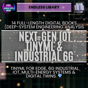 Op de afbeelding: Advertentie voor digitale boeken met de tekst "ENDLESS LIBARY". De afbeelding promoot 14 volledige digitale boeken over onderwerpen als Next-Gen IoT, TinyML, Industrial 6G en Digital Twins. De achtergrond is een vage stadsgezicht.