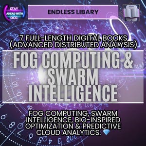 Op de afbeelding: Digitale boekomslag met de titel "Fog Computing & Swarm Intelligence". De afbeelding bevat de tekst "7 Full-Length Digital Books (Advanced Distributed Analysis)" en "Fog Computing, Swarm Intelligence, Bio-Inspired Optimization & Predictive Cloud Analytics."