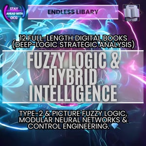 Puede incluir: Anuncio de libros digitales con un fondo degradado púrpura y azul. El texto dice "ENDLESS LIBARY" y "12 FULL-LENGTH DIGITAL BOOKS". El título "FUZZY LOGIC & HYBRID INTELLIGENCE" se muestra de forma destacada. El texto adicional incluye "TYPE-2 & PICTURE FUZZY LOGIC".