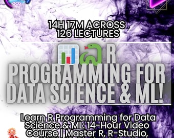 Puede incluir: Gráfico promocional con fondo morado y blanco. El texto anuncia un curso de "PROGRAMACIÓN PARA CIENCIA DE DATOS Y ML!" con detalles sobre un curso en vídeo de 14 horas. Menciona R-Studio.