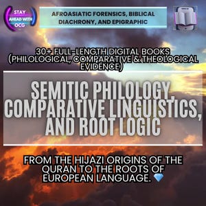 May include: Image with text about Afroasiatic forensics, biblical diachrony, and epigraphic studies. It advertises 30+ full-length digital books on philological, comparative, and theological evidence. The text also mentions Semitic philology, comparative linguistics, and root logic.