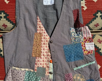Artistic Rich Hippie Style Cotton Vest, Hand Sewing Patchwork Men's size (L) 42, Made in USA.