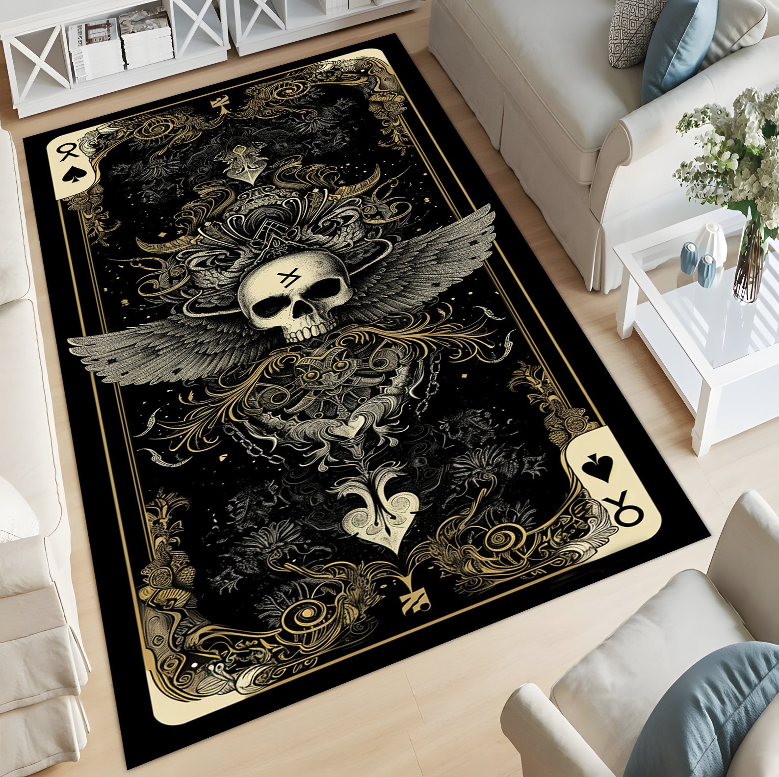 Discover Skull Rug,Gothic Rug,Horror Rug,Skeleton Rug,Skulls Design,Evil Skull Rug,Poker Card Rug, Playing Card Rug,Mystical Theme Rug,Unique Gift,