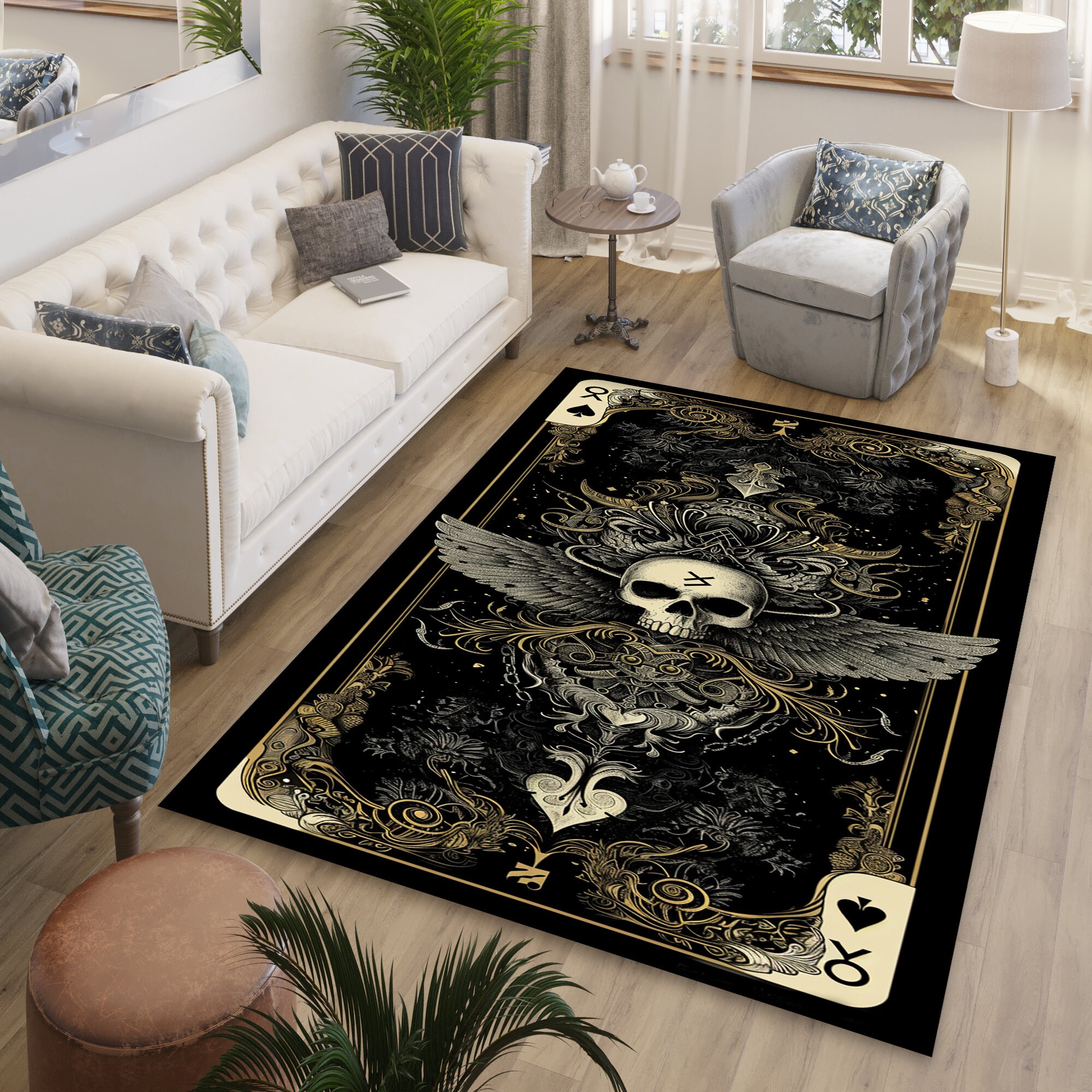 Discover Skull Rug,Gothic Rug,Horror Rug,Skeleton Rug,Skulls Design,Evil Skull Rug,Poker Card Rug, Playing Card Rug,Mystical Theme Rug,Unique Gift,