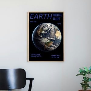 May include: A poster with a black background and a blue and white image of Earth. The text on the poster reads "EARTH THE BLUE PLANET", "DAY: 24H", "15°C", "7.9 BILLION INHABITANTS", and "DIAMETER: 12,742 KM".