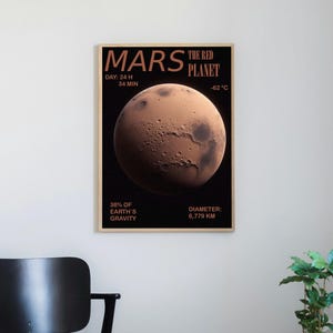 May include: A poster with a black background and a large, detailed image of Mars, the red planet. The poster includes text that reads "Mars The Red Planet", "Day: 24 H 34 Min", "-62 °C", "38% of Earth's Gravity", and "Diameter: 6,779 KM".