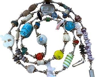 Unique Handmade Beaded Necklace With Multicolor Ceramic & Stone Beads 22 Inches Vintage Boho Style