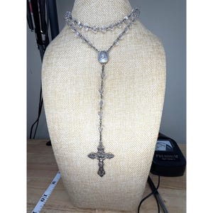 Sterling Silver & Crystal Beaded Rosary Necklace With Ornate Cross Pendant