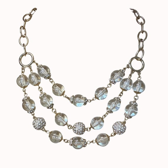 Three-Strand Clear Beaded Statement Necklace With… - image 1