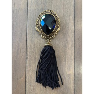 Victorian Style Gold Tone Brooch With Black Gem & Tassel