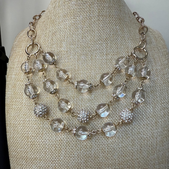 Three-Strand Clear Beaded Statement Necklace With… - image 4