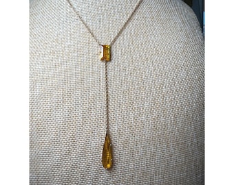 Laundry Shelli Segal Lariat Y Necklace Amber Glass Teardrop Gold Tone Retro Glam