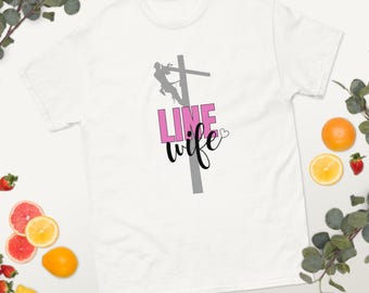 Line Wife T-Shirt -- Lineman Wife Shirt, Blue Collar Wife Tee, Utility Worker Spouse Gift, Pink & Black Text with Gray Lineman Silhouette