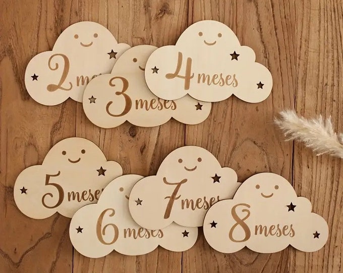 Baby Wooden Cloud Milestone Cards, hello world milestone cards, newborn gift, baby shower gift, baby milestone photo props, monthly, weekly