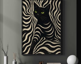 Black Cat Wall Art, Trippy Wavy Poster, Green Eyes Print (Digital Download)