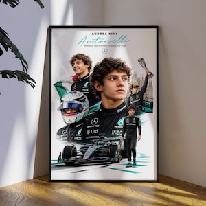 May include: A framed poster featuring Andrea Kimi Antonelli in Mercedes Formula One gear. The design includes a portrait, a racing driver wearing a helmet, a driver holding a trophy, and a race car. The text reads ANDREA KIMI Antonelli.