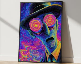 Trippy Psychedelic Man Art, Hypnotic Swirl Poster, Neon Vibrant Wall Decor