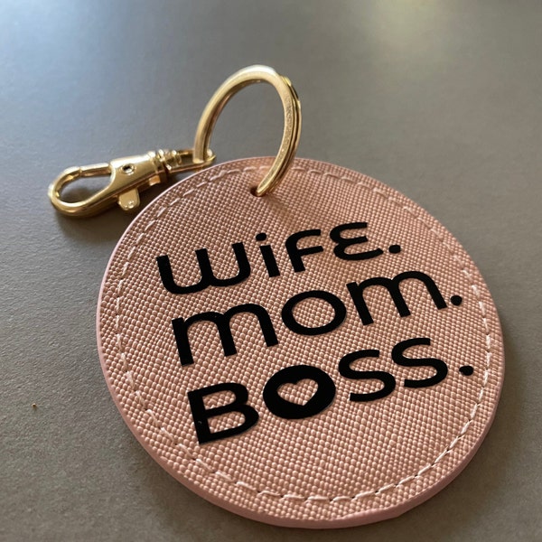 Schlüsselanhänger Premium rund Wife Mom Boss - Mum - Muttertag - Schlüsselband - Schlüssel - Rosa Anhänger - Gold - Mama