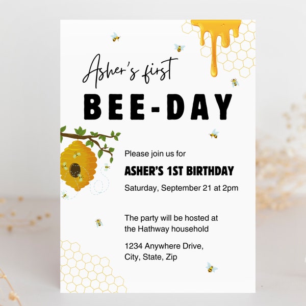 Bee theme birthday cards for toddlers first birthday invitations honey comb bee honey card for bday one year old invite bee day card digital