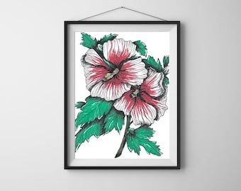 Limited Edition Hibiscus Art Print | Hand Drawn Ink Flower Wall Art