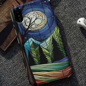Custodia a scatto per telefono Samsung con foresta di vetrate colorate, custodia per telefono con paesaggio lunare e natura, protezione per telefono con foresta di pini