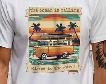 Vintage Surf Van Sunset Beach T-shirt fête des pères papa surfeur cadeau ado anniversaire rétro soleil sable vagues T-shirt unisexe jersey T-shirt à manches courtes