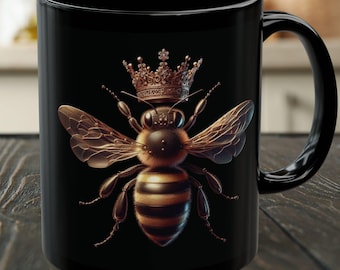 Czarny kubek dla królowej pszczół, korona pszczół miodnych, żywy, bogaty kolor, ceramiczny prezent dla pszczelarza, 11 uncji lub 15 uncji, filiżanka do kawy, miłośnik pszczół, wystrój kuchni, wyjątkowy kubek do herbaty