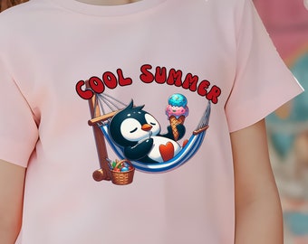 Relaxing Penguin Kids T-Shirt Summer Tween Cute Hammock T Shirt Ice Cream Summer Gift Teen Youth Short Sleeve Tee