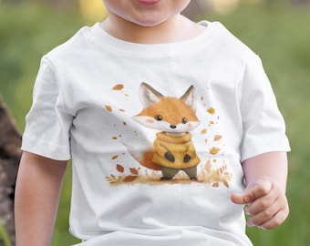 Adorable Fox Fall Toddler T-Shirt Autumn Leaves Sweater Wearing Fox Top for Little Kids Cute Gift for Toddler Short Sleeve Tee
