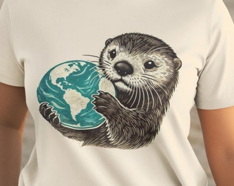 Otter Earth Graphic T-Shirt, Recycled Organic Cotton Tee, Animal Lover Shirt