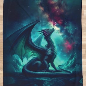 May include: A green and black dragon with wings outstretched, breathing fire against a backdrop of a starry night sky with pink and purple nebulae.