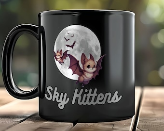 Mug chatons ciel chauves-souris mignonne pleine lune Kawaii chauve-souris adorable mammifère nocturne Mug cadeau d'anniversaire pour amateur de chauves-souris adolescent, cadeau préado tasse noire 11 oz