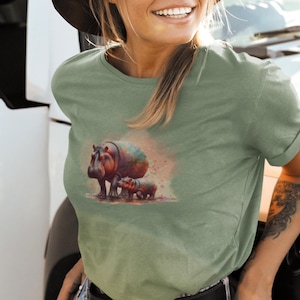 Pygmee Nijlpaard T-shirt Leuke Moeder Baby Nijlpaard Top Bedreigde Dieren in het wild T-shirt Schattige Nijlpaard Kleding Unisex Jersey Korte Mouw T-shirt