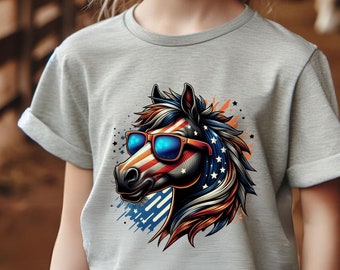 Patriotic Horse kids T-Shirt 4th of July Rodeo Cool Girl Shirt Fun Summer Boy Gift Retro Independence Day Youth Short Sleeve Tee