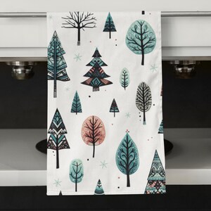 Winter Trees Hand Towel Soft Absorbent Kitchen Bathroom Guest January Decor February December Stylized Winter Woods Snowflakes Dish 16x28