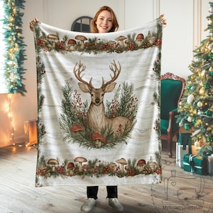 Winter Stag Plush Blanket | Woodland Deer & Mushrooms Throw | Cozy Nature Themed Velveteen | Rustic Cabin Bedding Christmas Holiday Gift