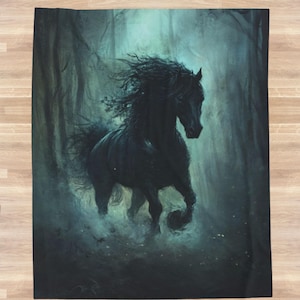 Black Stallion Plush Blanket Shadowy Forest Throw Mystical Horse Lover Gift Soft Teen Bedding Fantasy Wild Spirit Horse Wrap Cozy Velveteen