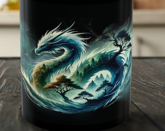 Taza de dragón de la naturaleza, taza de café de fantasía, árbol místico, té, regalo mágico, taza de cerámica negra de 11 oz, 15 oz
