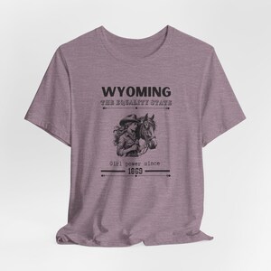 Wyoming Cowgirl T-Shirt Girl Power Gift for Her Equality State WY Horse Lover T Shirt Vintage Vibes Unisex Jersey Short Sleeve Tee Heather Purple
