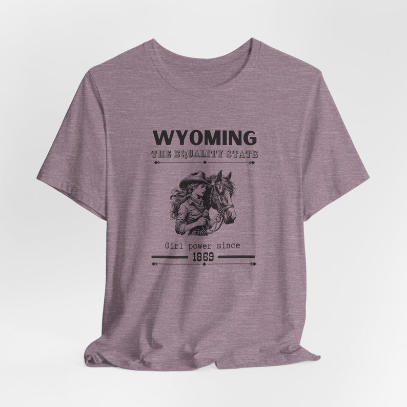 Wyoming Cowgirl T-Shirt Girl Power Gift for Her Equality State WY Horse Lover T Shirt Vintage Vibes Unisex Jersey Short Sleeve Tee Heather Purple