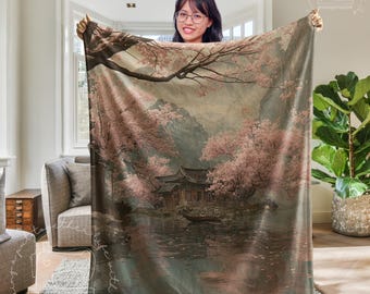 Ming Dynasty Cherry Blossom Plush Blanket: Oriental Home Decor Throw Velveteen