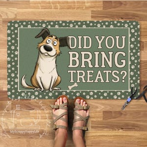 May include: A rectangular doormat with a cartoon dog and the text "DID YOU BRING TREATS?". The mat has a green background with paw prints and a border. A pair of sandals is in front of the mat.