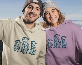 Maori Style Blue Penguins Hoodie New Zealand Stylized Penguin Pullover Jacket Aotearoa Native Tattoo Top Unisex Midweight Softstyle Fleece