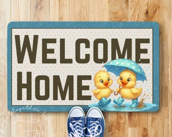 Welcome Home Cheerful Ducklings Doormat | Fun Polyester Rubber Indoor Outdoor Mat | Cute Rainy-Day Porch Entry Welcome Rug
