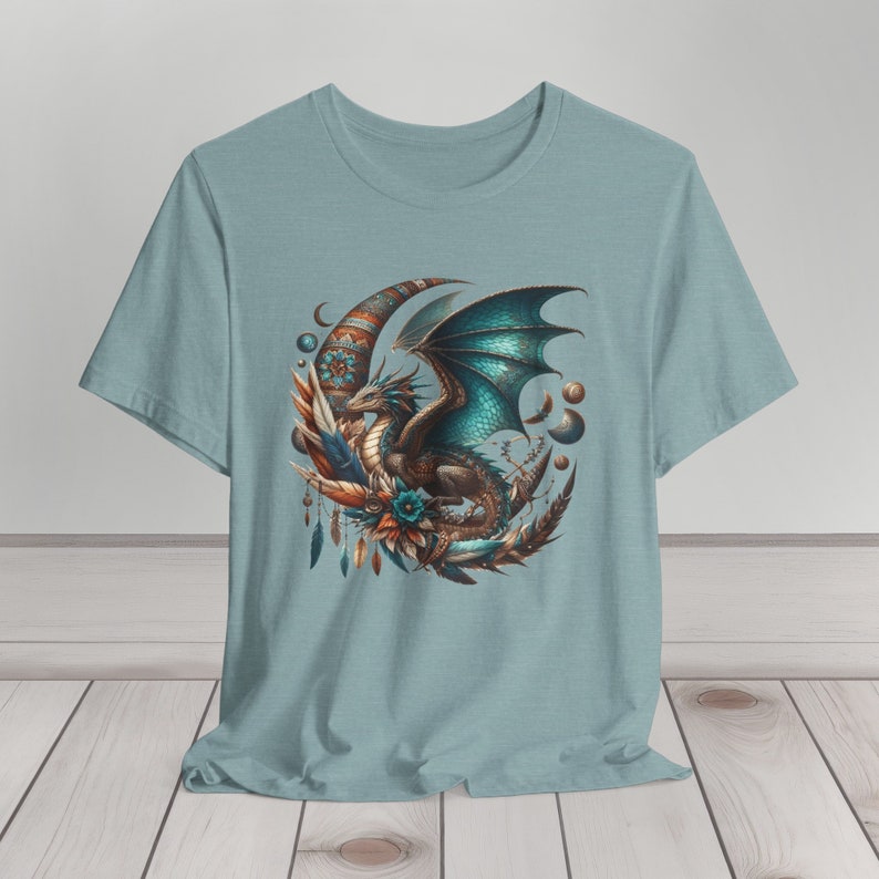 Dark Boho Dragon T-Shirt Fantasy Steampunk Magical Creature Gift Turquoise Mystical Moon Eclectic T Shirt Unisex Jersey Short Sleeve Tee Heather Blue Lagoon