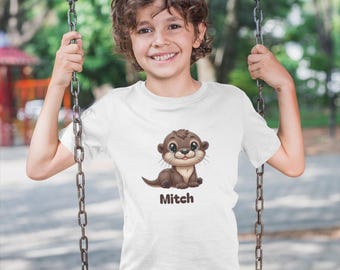 Camiseta infantil personalizada de nutria, camiseta para niños mayores con nombre fácil, regalo de cumpleaños, camiseta de manga corta para niño/niña joven con diseño de vida silvestre.