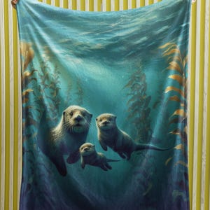 Sea Otter Family Plush Blanket Cozy Home Decor Ocean Gift for Animal Lovers Otters Warm Snuggle Teen Throw Kid&#39;s Room Bedding Velveteen