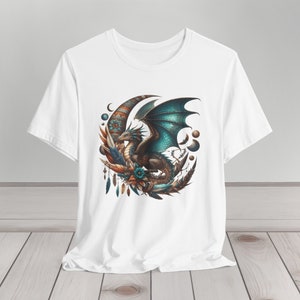 Dark Boho Dragon T-Shirt Fantasy Steampunk Magical Creature Gift Turquoise Mystical Moon Eclectic T Shirt Unisex Jersey Short Sleeve Tee White