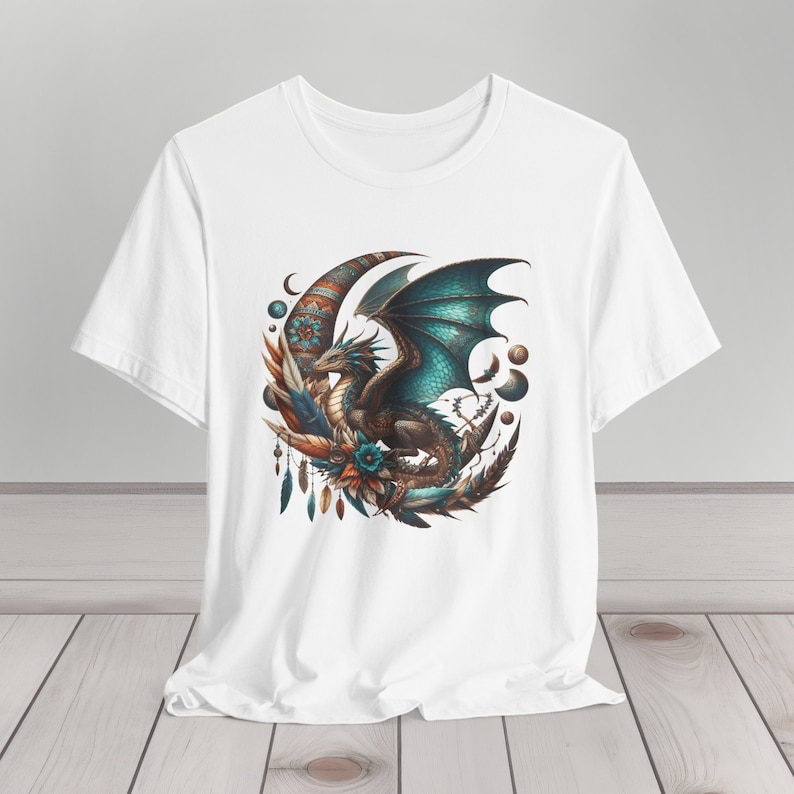 Dark Boho Dragon T-Shirt Fantasy Steampunk Magical Creature Gift Turquoise Mystical Moon Eclectic T Shirt Unisex Jersey Short Sleeve Tee White